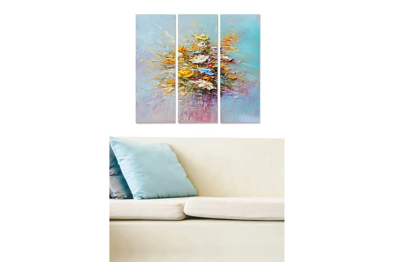 Trælærredstryk 3-delt 50x70 cm - Farverig blomsterbuket i abstrakt stil, Gul / Blå / Turkis