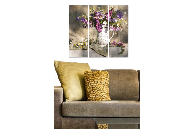 Trælærredstryk 3-delt 50x70 cm - Farverig blomsterbuket i en hvid kande, Lilla / Hvid / Grøn