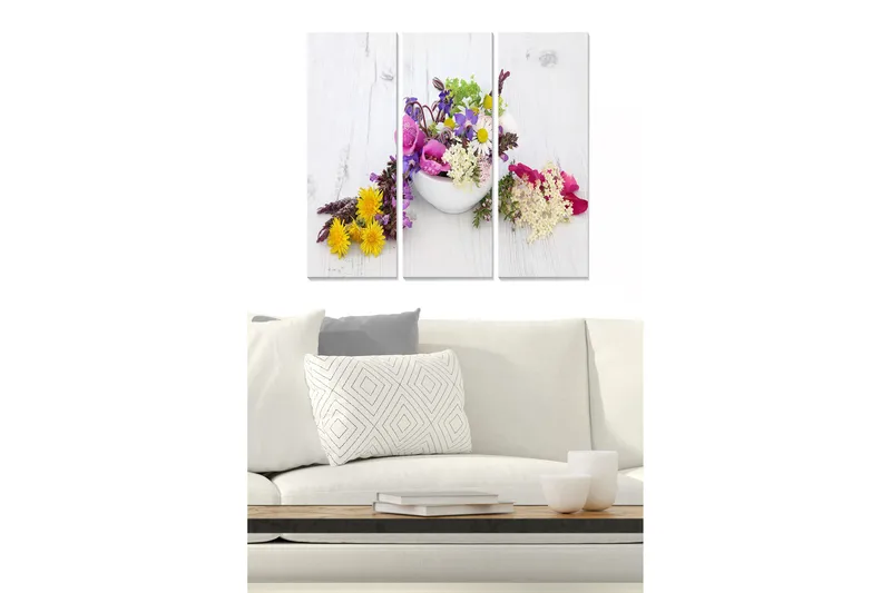 Trælærredstryk 3-delt 50x70 cm - Farverig blomsterbuket i en hvid skål, Gul / Lilla / Lyserød