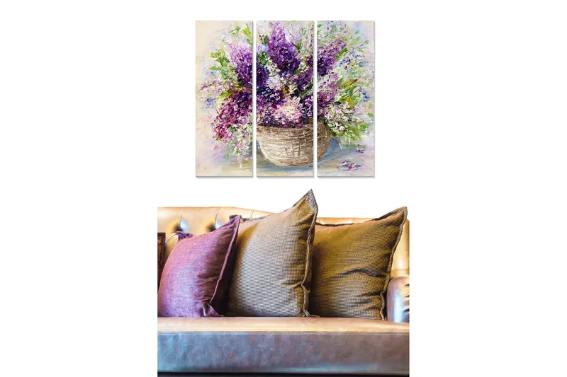 Trælærredstryk 3-delt 50x70 cm - Farverig blomsterbuket i en kurv, Lilla / Grøn / Hvid