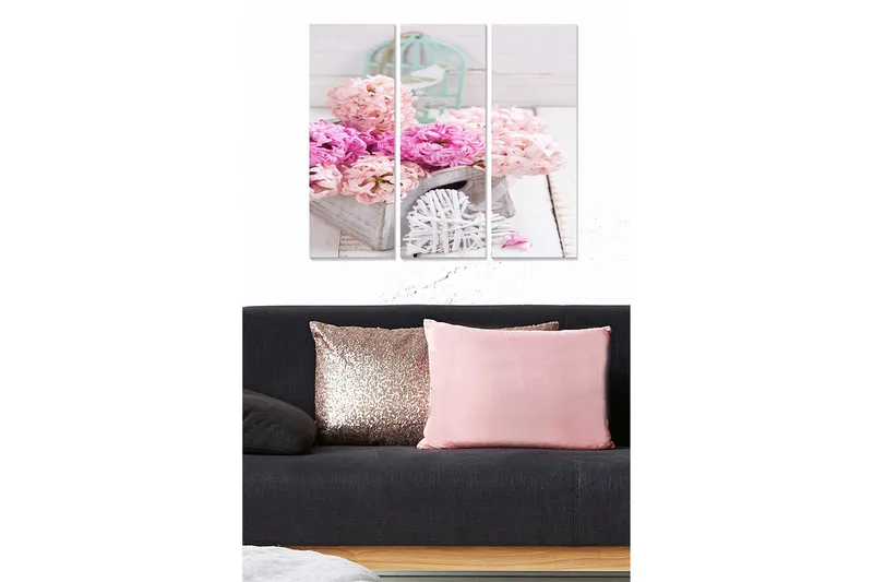 Trælærredstryk 3-delt 50x70 cm - Farverig blomsterbuket i en kurv, Lyserød / Lyserød / Grå