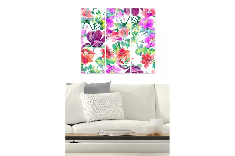 Trælærredstryk 3-delt 50x70 cm - Farverig blomsterbuket i forskellige nuancer, Lilla / Lyserød / Rød