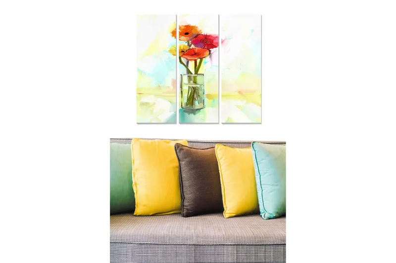 Trælærredstryk 3-delt 50x70 cm - Farverig blomsterbuket i glasvase, Rød / Orange / Grøn