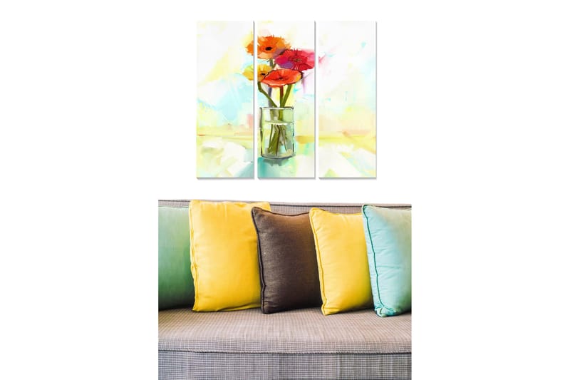 Trælærredstryk 3-delt 50x70 cm - Farverig blomsterbuket i glasvase, Rød / Orange / Grøn