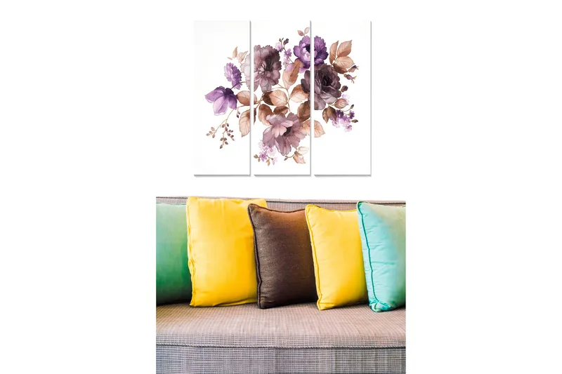 Trælærredstryk 3-delt 50x70 cm - Farverig blomsterbuket i lilla og brune toner, Lilla / Brun