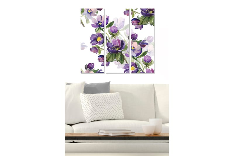 Trælærredstryk 3-delt 50x70 cm - Farverig blomsterbuket i lilla og grøn, Lilla / Grøn