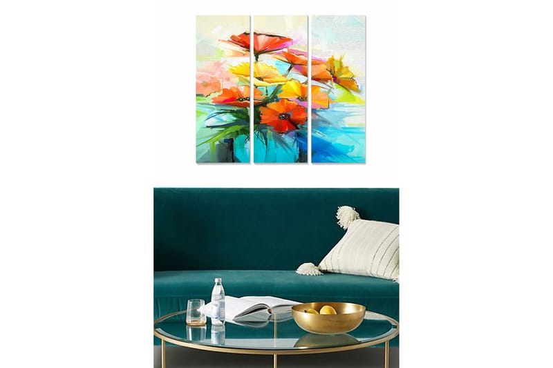 Trælærredstryk 3-delt 50x70 cm - Farverig blomsterbuket i livlige nuancer, Rød / Gul / Grøn