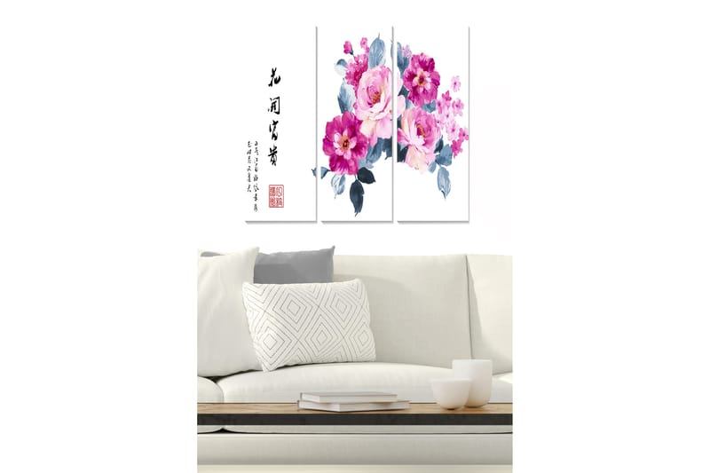 Trælærredstryk 3-delt 50x70 cm - Farverig blomsterbuket i lyserøde og lilla nuancer - Lyserød / Lilla / Grå - Boligtilbehør - Billeder & kunst - Billeder på lærred