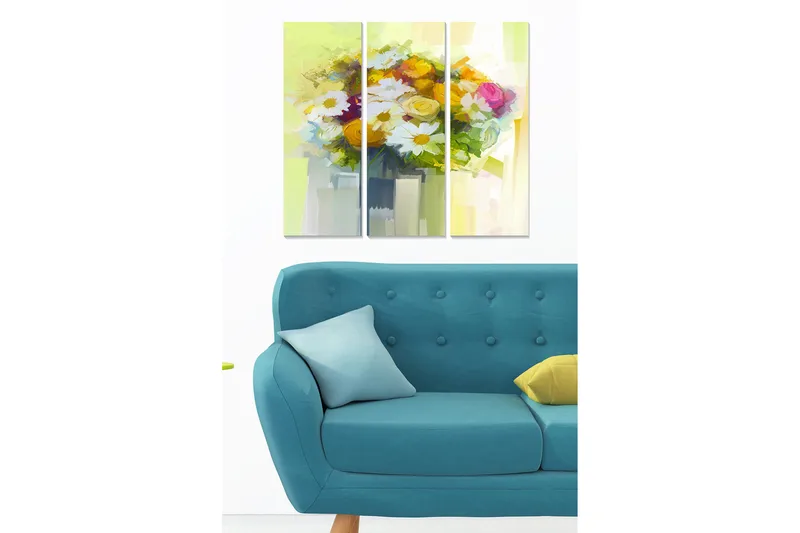 Trælærredstryk 3-delt 50x70 cm - Farverig blomsterbuket i vase, Gul / Grøn / Hvid