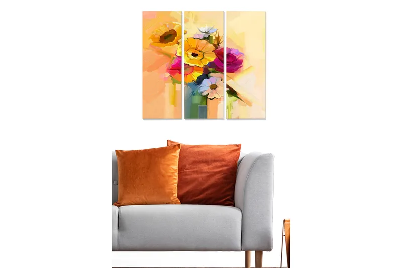 Trælærredstryk 3-delt 50x70 cm - Farverig blomsterbuket i vase - Gul / Lyserød / Grøn - Boligtilbehør - Billeder & kunst - Billeder på lærred