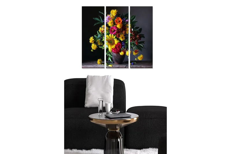 Trælærredstryk 3-delt 50x70 cm - Farverig blomsterbuket i vase, Gul / Rød / Grøn