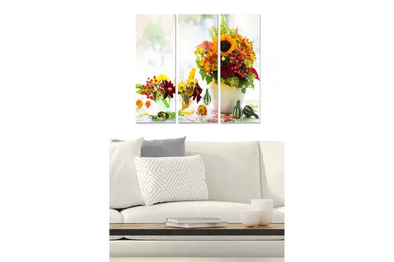 Trælærredstryk 3-delt 50x70 cm - Farverig blomsterbuket i vase, Gul / Rød / Grøn