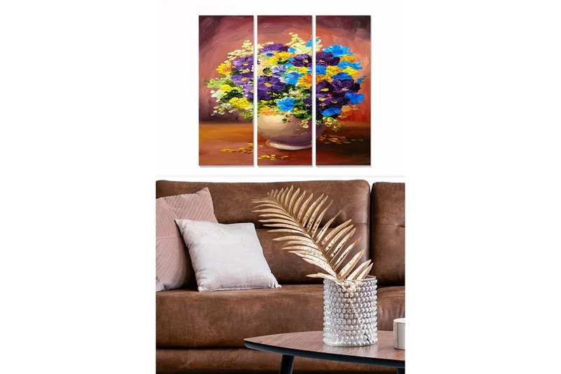 Trælærredstryk 3-delt 50x70 cm - Farverig blomsterbuket i vase, Lilla / Blå / Gul