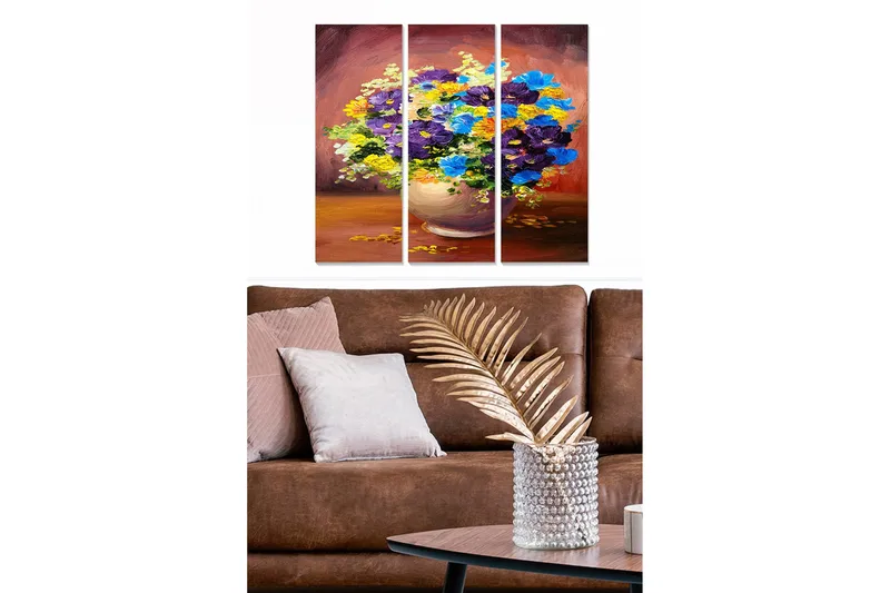 Trælærredstryk 3-delt 50x70 cm - Farverig blomsterbuket i vase, Lilla / Blå / Gul