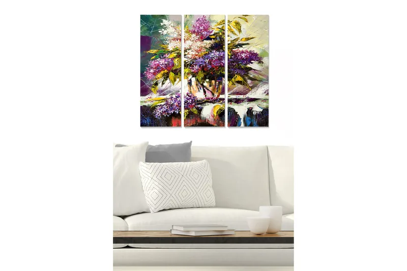 Trælærredstryk 3-delt 50x70 cm - Farverig blomsterbuket i vase, Lilla / Grøn / Hvid