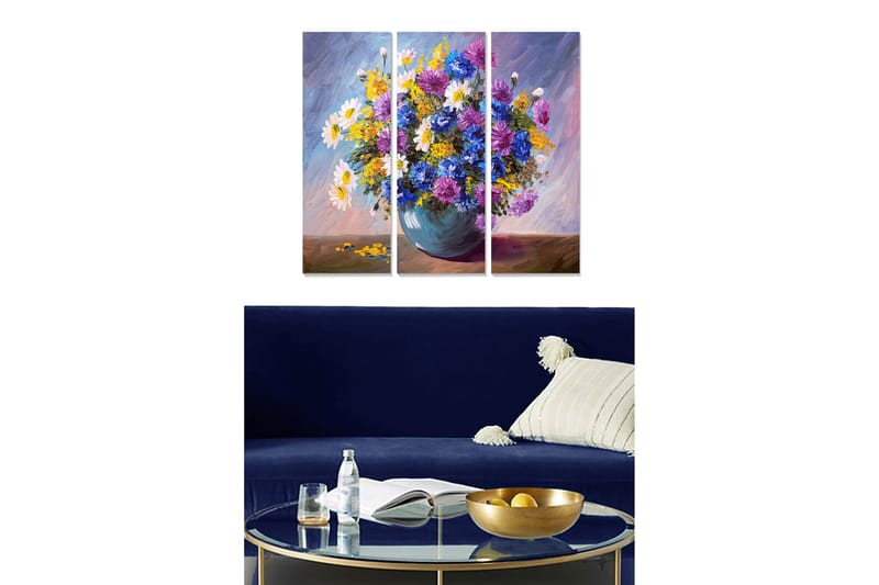 Trælærredstryk 3-delt 50x70 cm - Farverig blomsterbuket i vase, Lilla / Gul / Hvid
