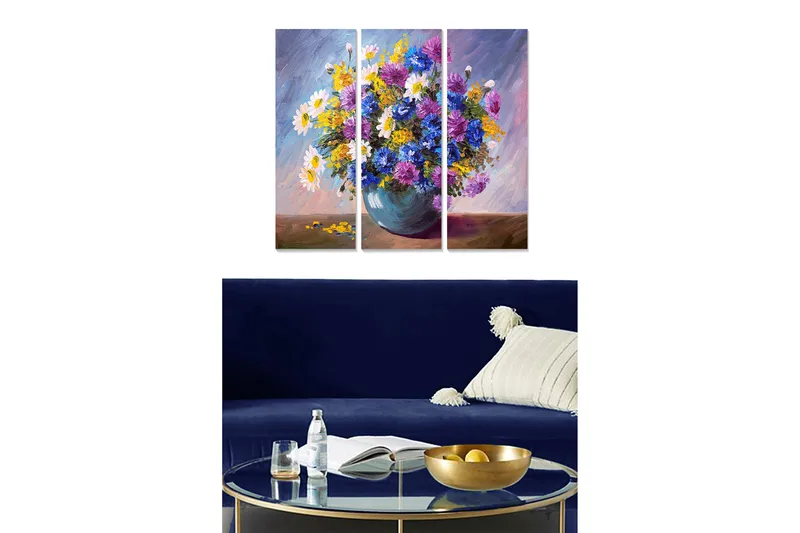 Trælærredstryk 3-delt 50x70 cm - Farverig blomsterbuket i vase, Lilla / Gul / Hvid