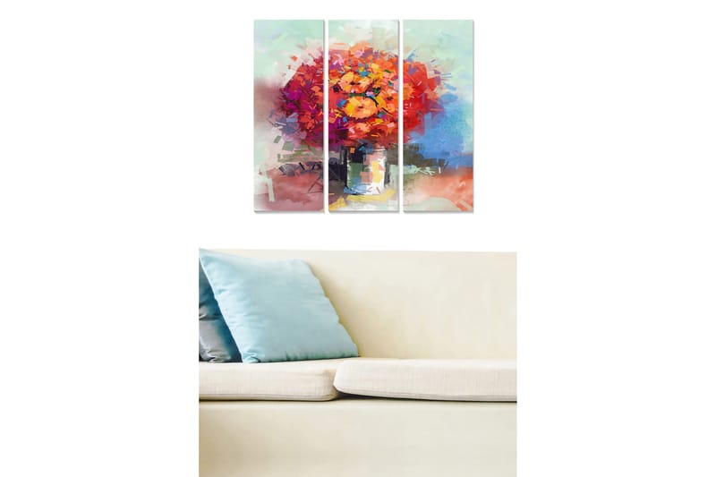 Trælærredstryk 3-delt 50x70 cm - Farverig blomsterbuket i vase, Orange / Lilla / Grøn