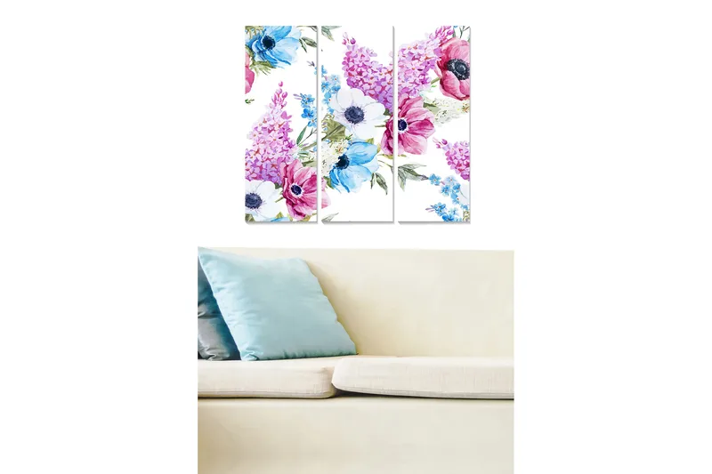 Trælærredstryk 3-delt 50x70 cm - Farverig blomsterbuket i pastelfarver, Lilla / Blå / Lyserød