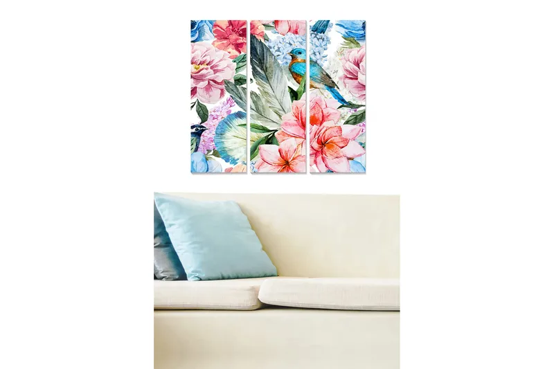 Trælærredstryk 3-delt 50x70 cm - Farverig blomsterbuket med en fugl i fokus, Lyserød / Blå / Grøn