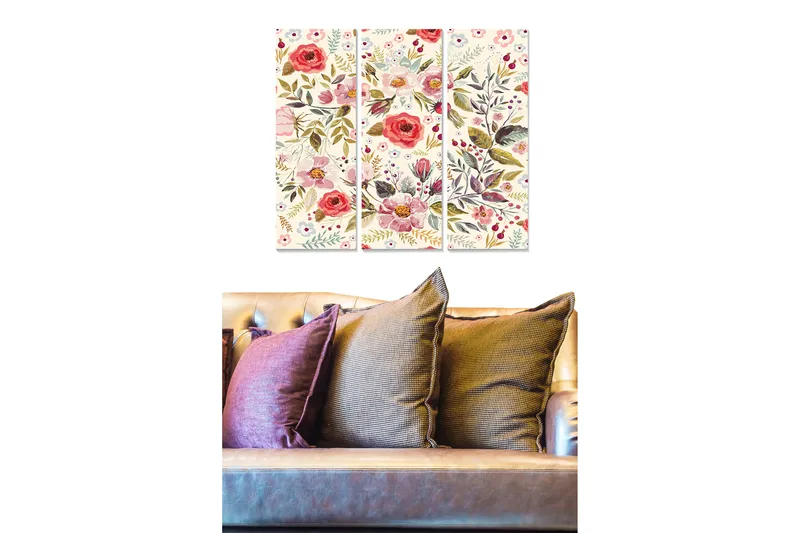 Trælærredstryk 3-delt 50x70 cm - Farverig blomsterbuket med forskellige plantemotiver, Rød / Grøn / Lyserød