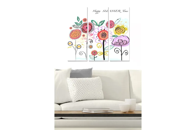 Trælærredstryk 3-delt 50x70 cm - Farverig blomsterbuket med legende detaljer, Lyserød / Gul / Grøn