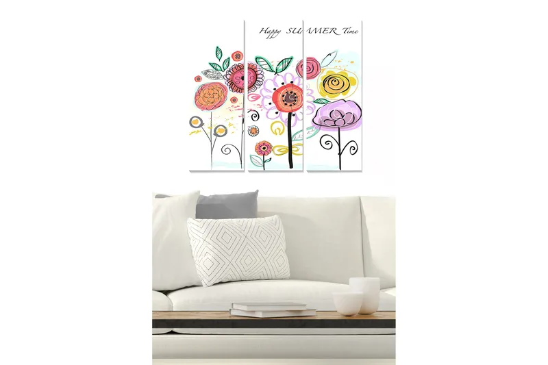 Trælærredstryk 3-delt 50x70 cm - Farverig blomsterbuket med legende detaljer, Lyserød / Gul / Grøn