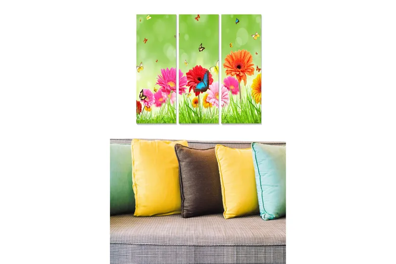 Trælærredstryk 3-delt 50x70 cm - Farverig blomsterbuket med sommerfugle i et grønt miljø, Lyserød / Orange / Grøn