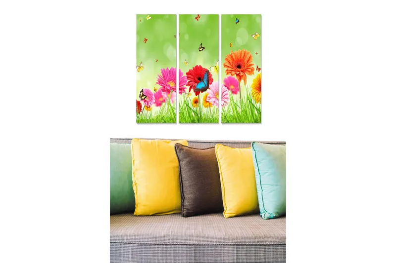 Trælærredstryk 3-delt 50x70 cm - Farverig blomsterbuket med sommerfugle i et grønt miljø, Lyserød / Orange / Grøn