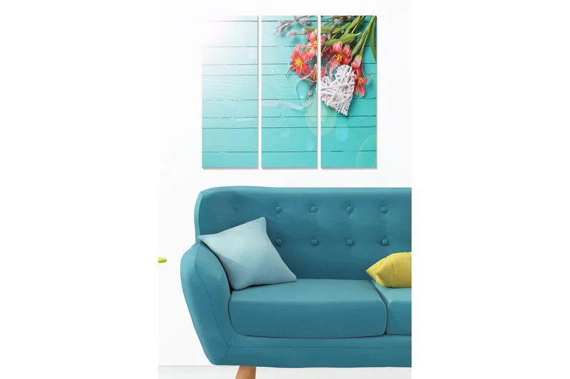 Trælærredstryk 3-delt 50x70 cm - Farverig blomsterbuket på en lyseblå baggrund, Lyseblå / Pink / Grøn