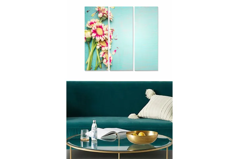 Trælærredstryk 3-delt 50x70 cm - Farverig blomsterbuket på en lyseblå baggrund, Lyserød / Grøn / Lyseblå