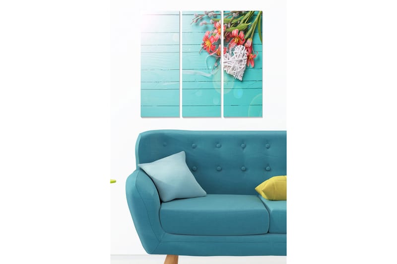 Trælærredstryk 3-delt 50x70 cm - Farverig blomsterbuket på en lyseblå baggrund, Lyseblå / Pink / Grøn