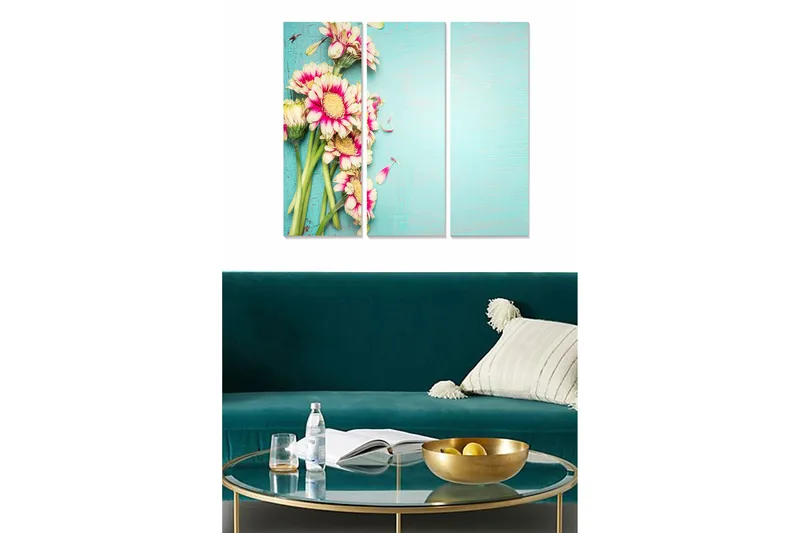 Trælærredstryk 3-delt 50x70 cm - Farverig blomsterbuket på en lyseblå baggrund, Lyserød / Grøn / Lyseblå