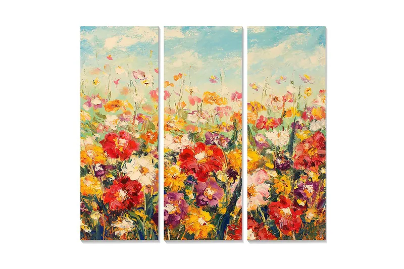Trælærredstryk 3-delt 50x70 cm - Farverig blomstereng med varierende blomster, Rød / Gul / Lilla