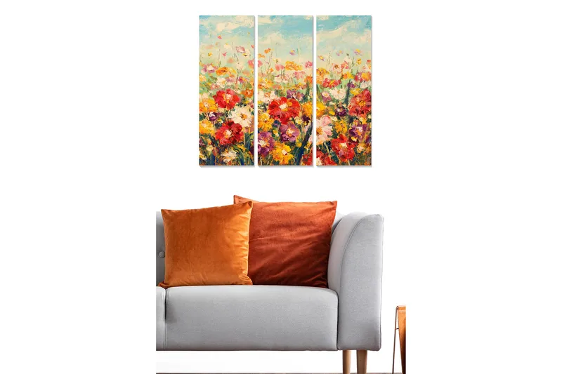 Trælærredstryk 3-delt 50x70 cm - Farverig blomstereng med varierende blomster - Rød / Gul / Lilla - Boligtilbehør - Billeder & kunst - Billeder på lærred