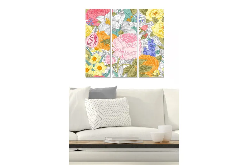 Trælærredstryk 3-delt 50x70 cm - Farverig blomsterkomposition med forskellige blomster og blade, Lyserød / Gul / Orange