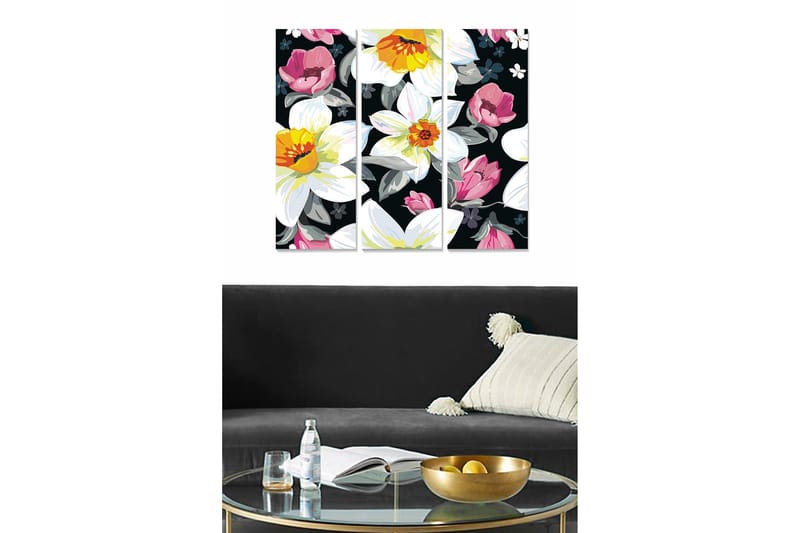 Trælærredstryk 3-delt 50x70 cm - Farverig blomsterkomposition med hvide og lyserøde blomster, Hvid / Lyserød / Gul