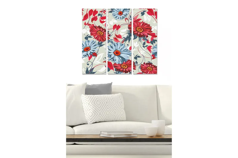 Trælærredstryk 3-delt 50x70 cm - Farverig blomsterkomposition med røde og blå blomster, Rød / Blå / Grøn