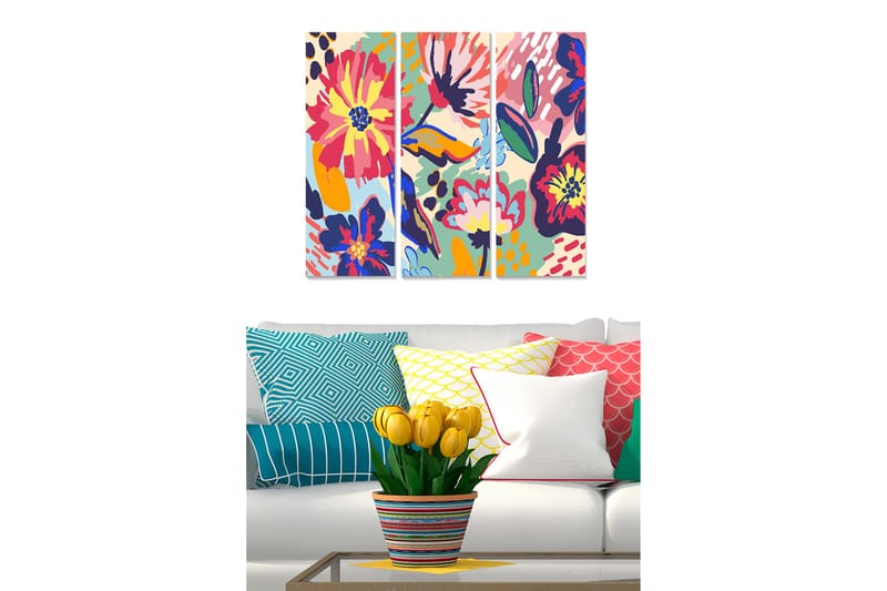 Trælærredstryk 3-delt 50x70 cm - Farverig blomsterkomposition med store blomster og blade, Lyserød / Blå / Gul