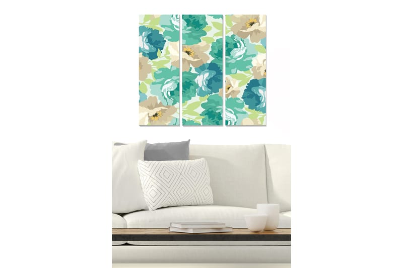 Trælærredstryk 3-delt 50x70 cm - Farverig blomsterkomposition med store blomster, Turkis / Beige / Lysegrøn