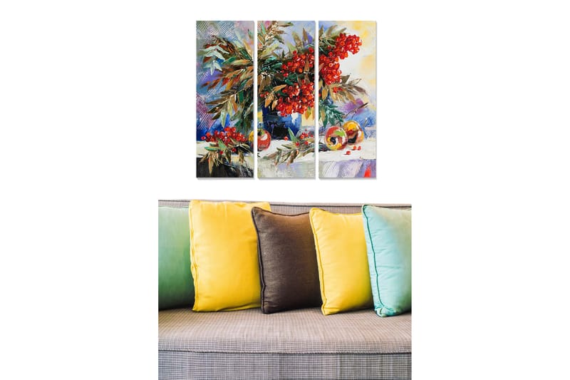 Trælærredstryk 3-delt 50x70 cm - Farverig buket af bær og frugter i stilhed med naturmotiver - Rød / Grøn / Gul - Boligtilbehør - Billeder & kunst - Billeder på lærred
