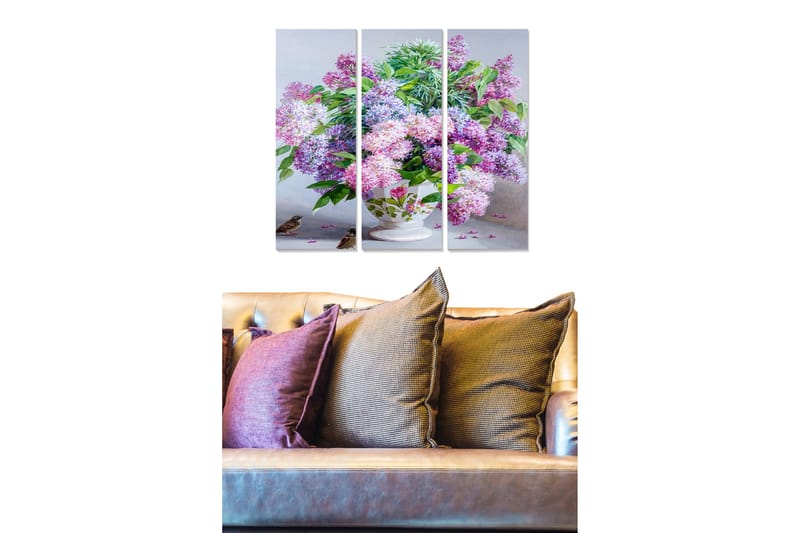 Trælærredstryk 3-delt 50x70 cm - Farverig buket af lilla blomster i en smuk vase, Lilla / Grøn / Hvid