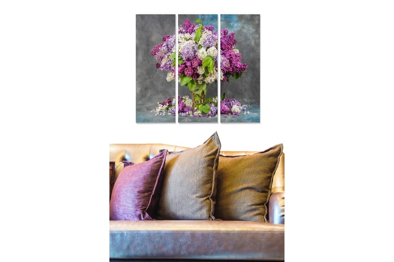 Trælærredstryk 3-delt 50x70 cm - Farverig buket af lilla blomster - Lilla / Hvid / Grøn - Boligtilbehør - Billeder & kunst - Billeder på lærred