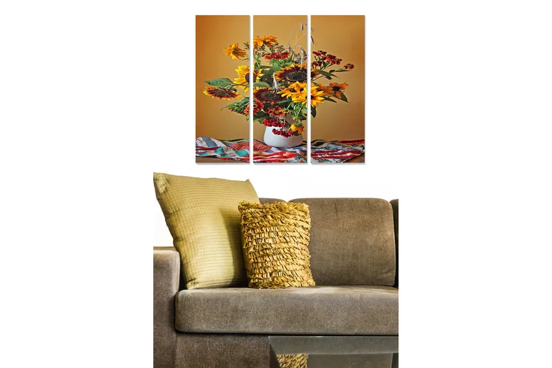 Trælærredstryk 3-delt 50x70 cm - Farverig buket af solsikker og bær i en vase, Gul / Grøn / Rød