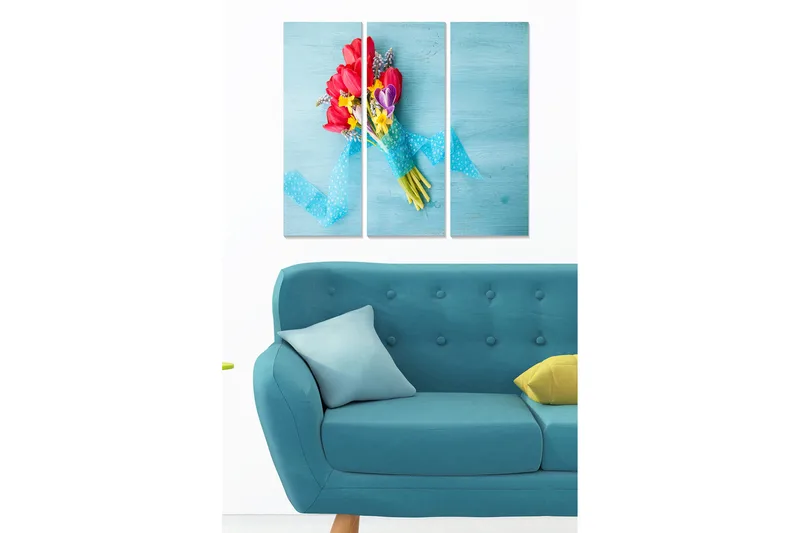 Trælærredstryk 3-delt 50x70 cm - Farverig buket af tulipaner og blomster med blåt bånd, Blå / Lyserød / Gul