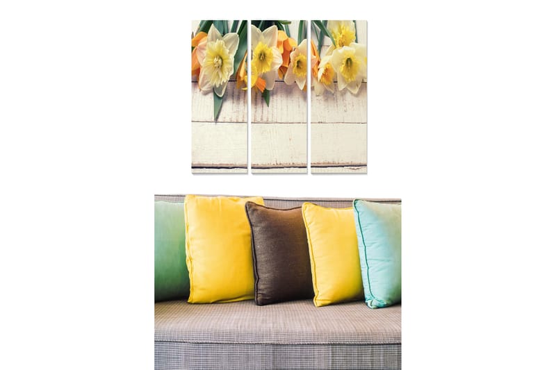 Trælærredstryk 3-delt 50x70 cm - Farverig buket af påskeliljer og tulipaner, Gul / Orange / Grøn