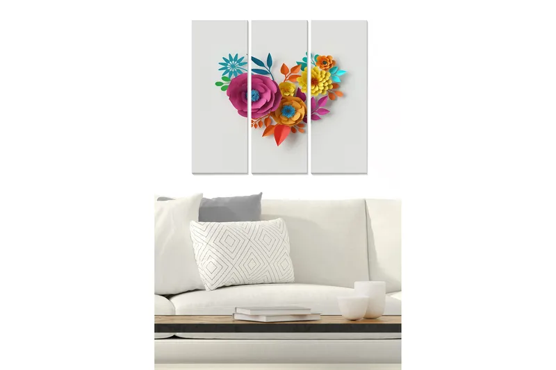 Trælærredstryk 3-delt 50x70 cm - Farverig buket af papirblomster formet som et hjerte, Lyserød / Orange / Blå