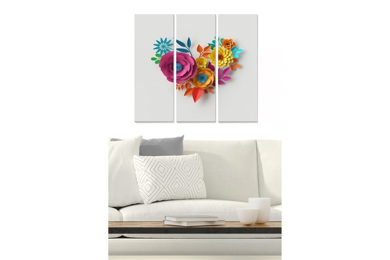 Trælærredstryk 3-delt 50x70 cm - Farverig buket af papirblomster formet som et hjerte, Lyserød / Orange / Blå