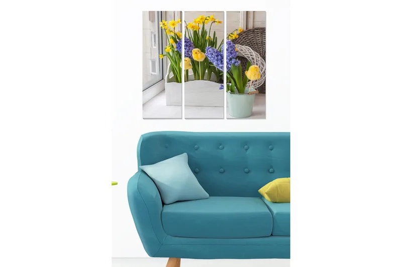 Trælærredstryk 3-delt 50x70 cm - Farverig buket blomster i potter, Gul / Lilla / Grøn