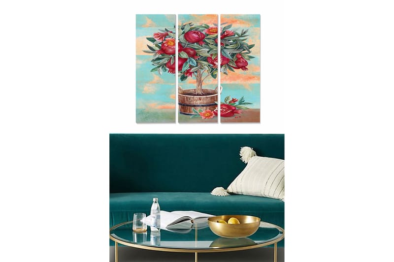 Trælærredstryk 3-delt 50x70 cm - Farverig buket granatæbler i en kurv, Rød / Grøn / Blå